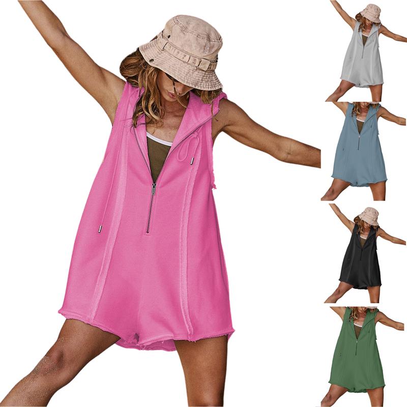 Short Half Zipper Sports jumpsuit for Fitness Outdoor Leisure Sleeveless Loose Hoodie for Women - Seldom Seen Styles
