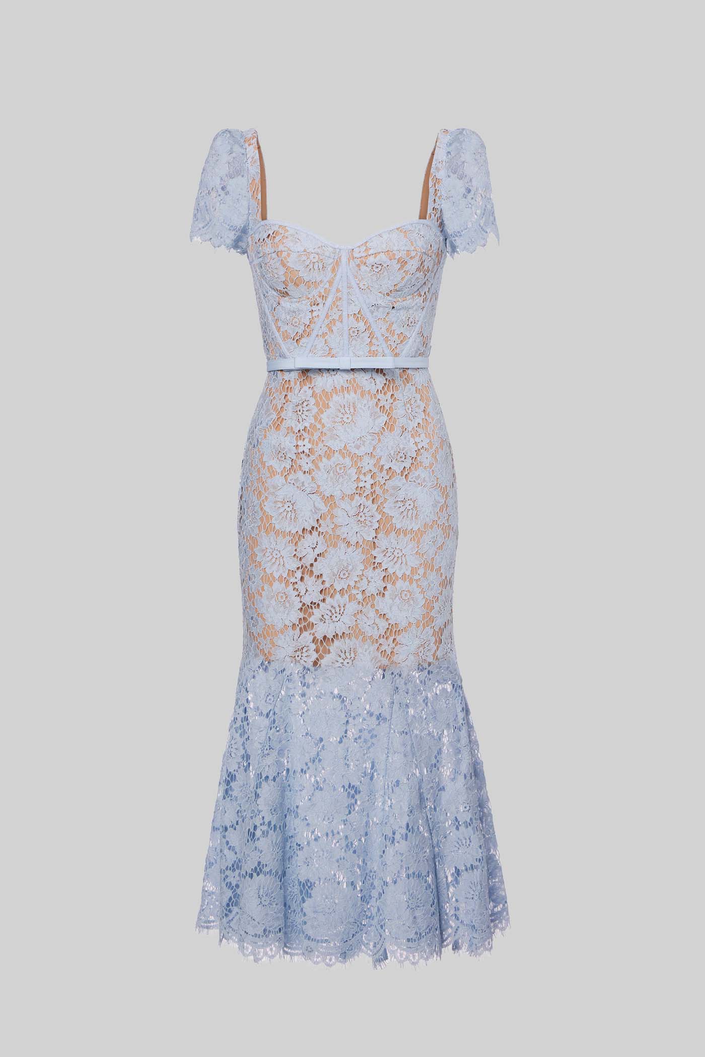 Short Sleeved Lace Dress With Delicate Matching Waist Belt - Blue - Seldom Seen Styles