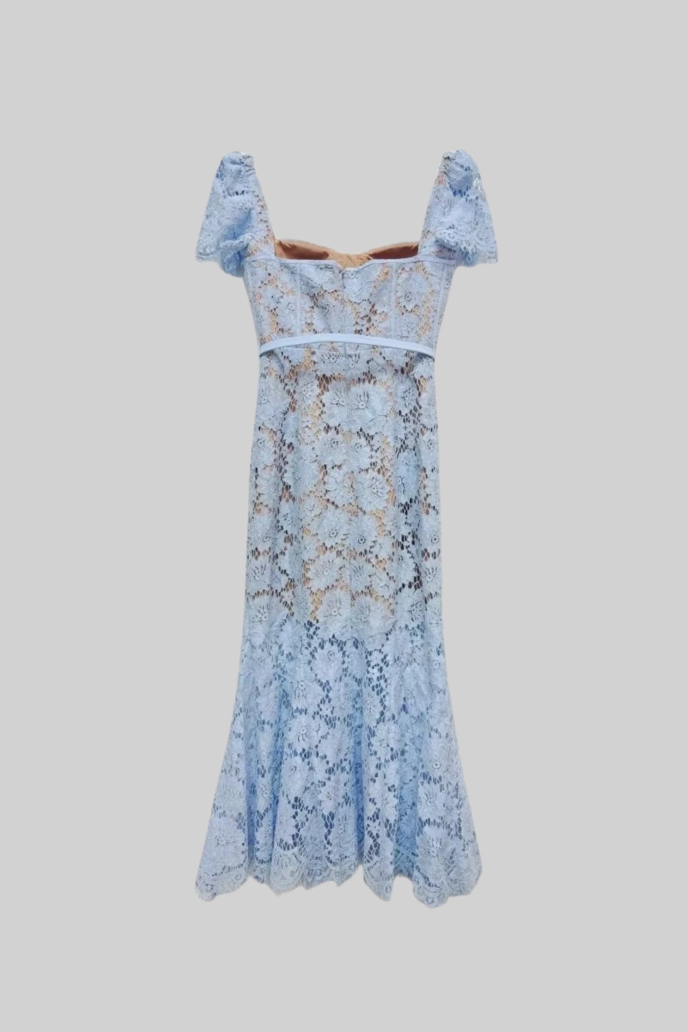 Short Sleeved Lace Dress With Delicate Matching Waist Belt - Blue - Seldom Seen Styles