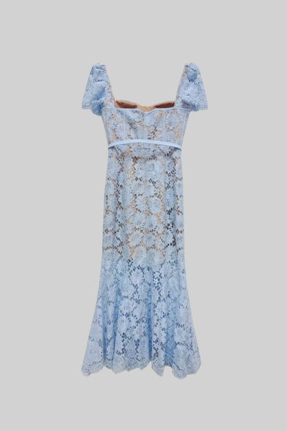 Short Sleeved Lace Dress With Delicate Matching Waist Belt - Blue - Seldom Seen Styles