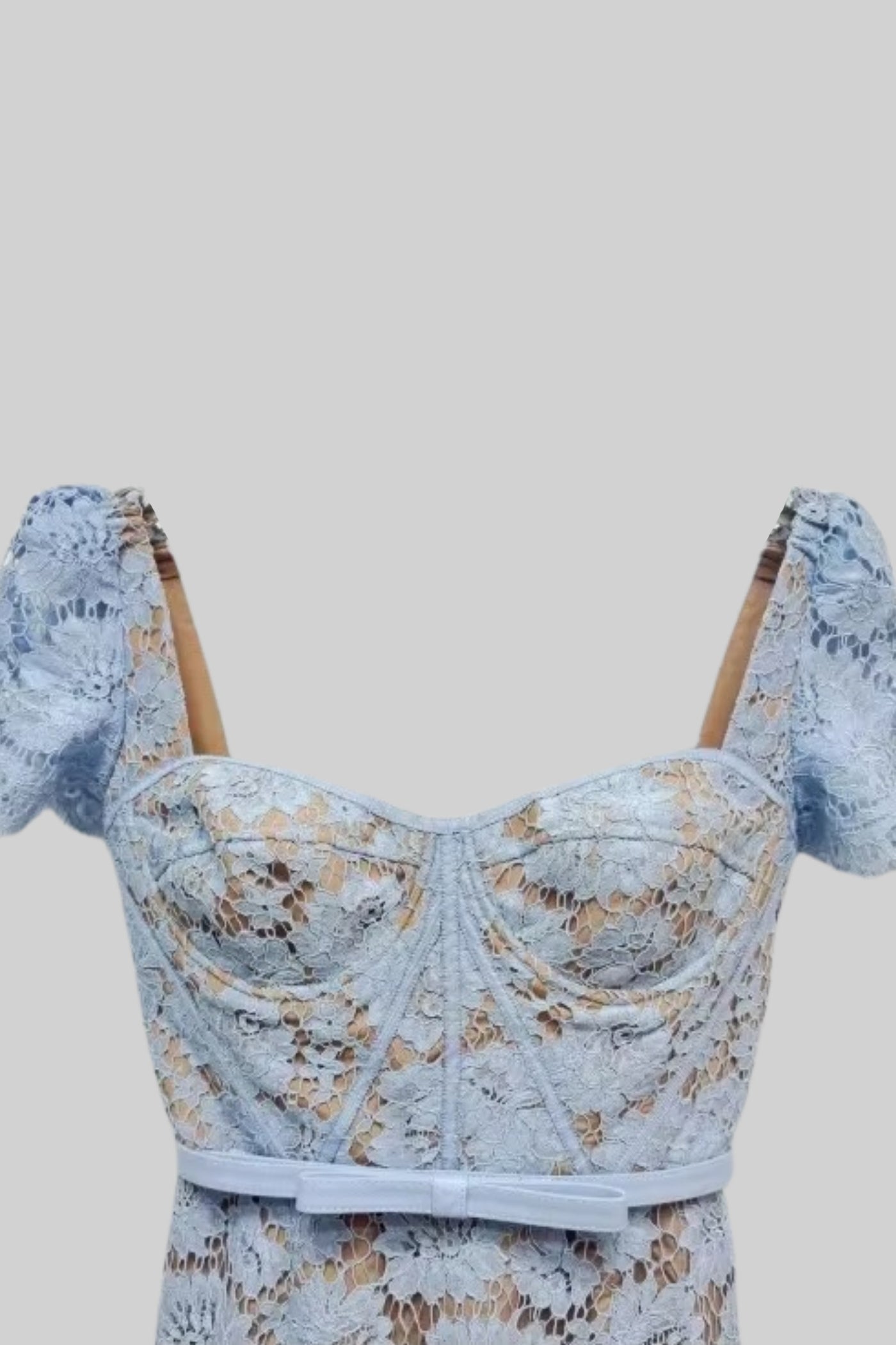 Short Sleeved Lace Dress With Delicate Matching Waist Belt - Blue - Seldom Seen Styles