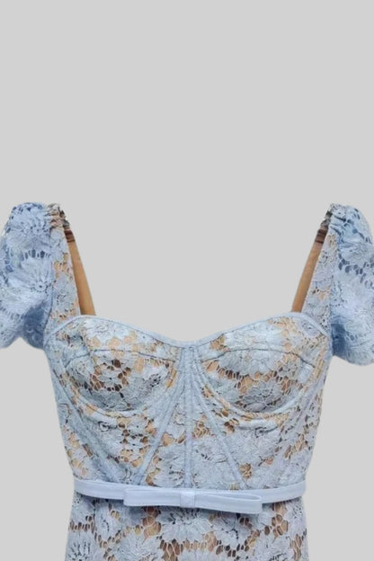 Short Sleeved Lace Dress With Delicate Matching Waist Belt - Blue - Seldom Seen Styles