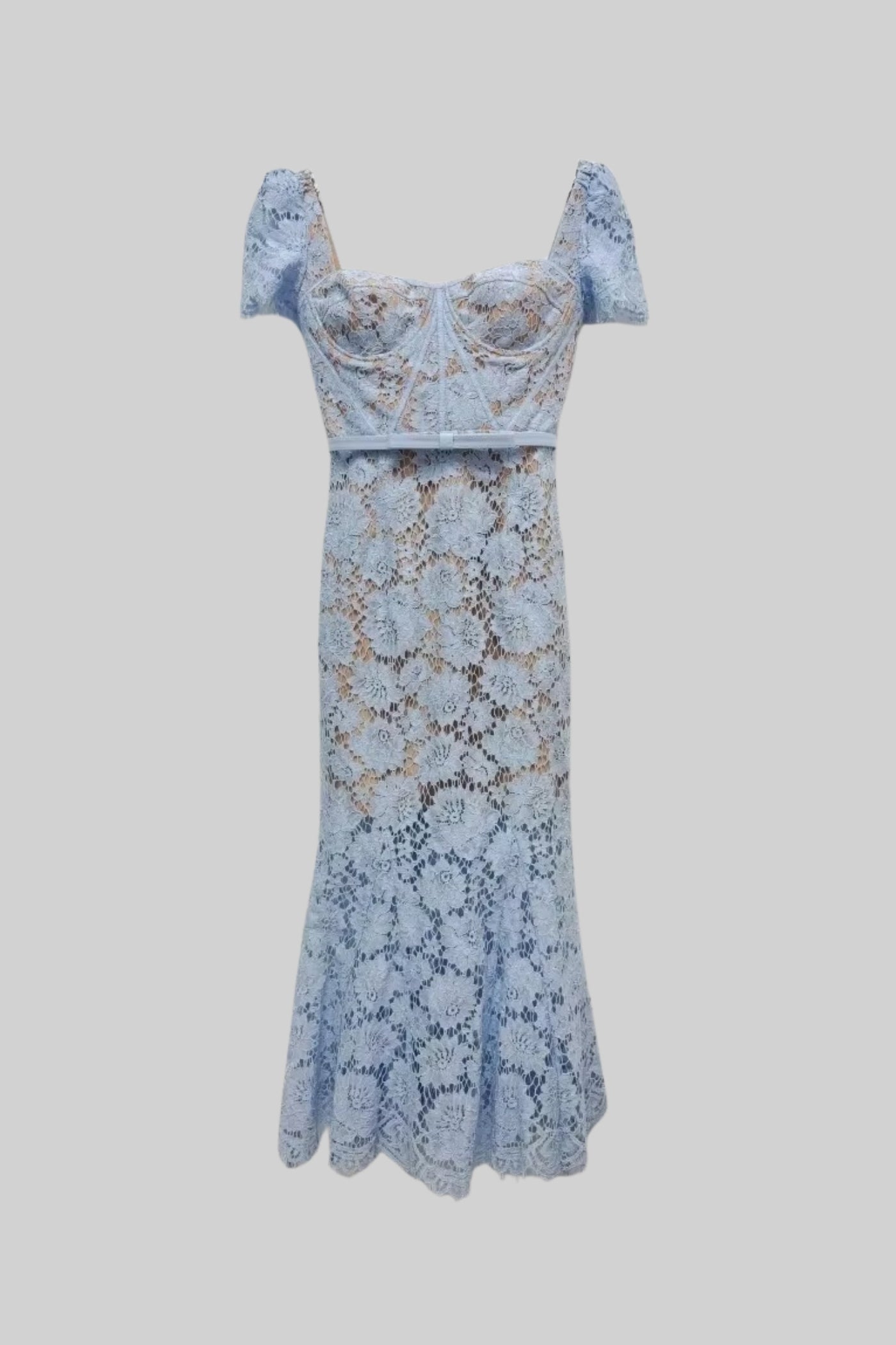 Short Sleeved Lace Dress With Delicate Matching Waist Belt - Blue - Seldom Seen Styles