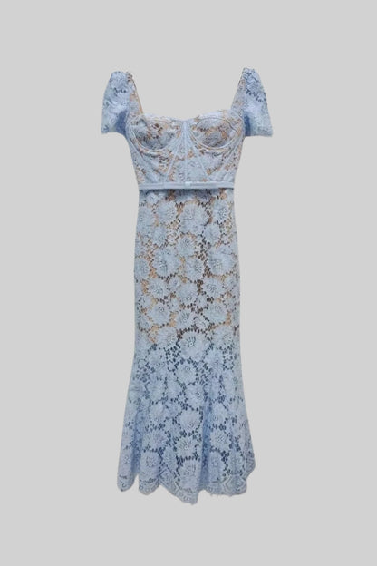Short Sleeved Lace Dress With Delicate Matching Waist Belt - Blue - Seldom Seen Styles