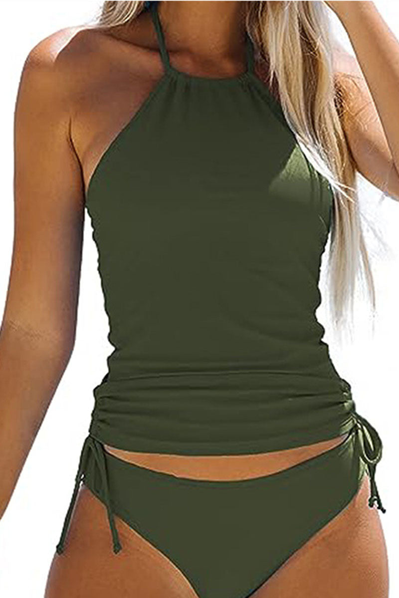 Simple resort style military green halterneck two-piece swimsuit - Seldom Seen Styles