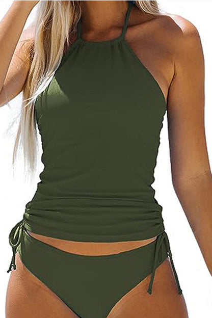 Simple resort style military green halterneck two-piece swimsuit - Seldom Seen Styles