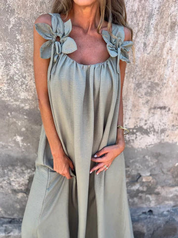 Solid Floral Embellished Sleeveless Loose Maxi Dress Summer New Women's Solid Color Lace Fashion Dress Women's Dress - Seldom Seen Styles