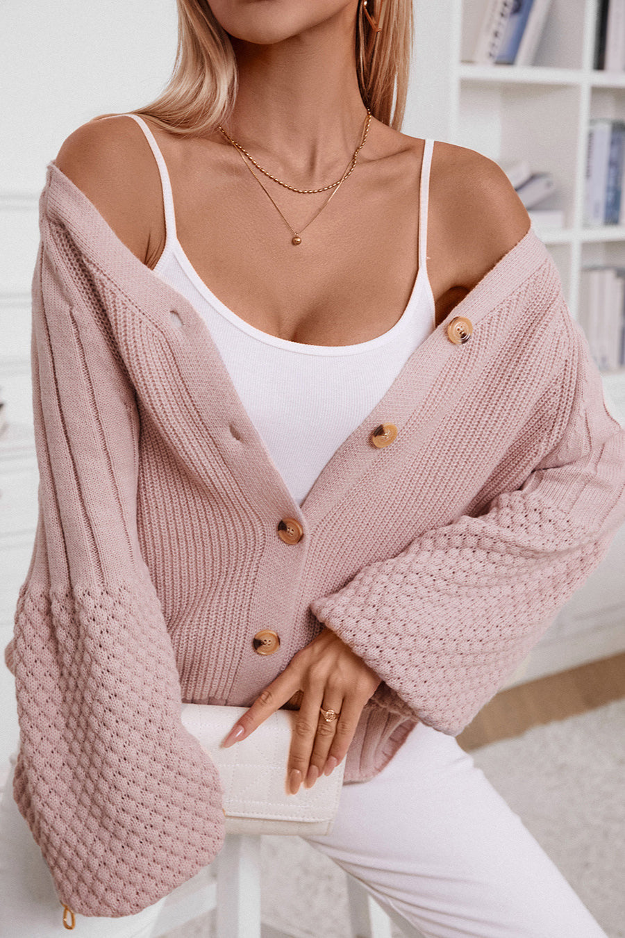 Solid  Knit Women's Open Front Cardigan Sweaters V-Neck Long Sleeve Button-Down Cardigan - Seldom Seen Styles