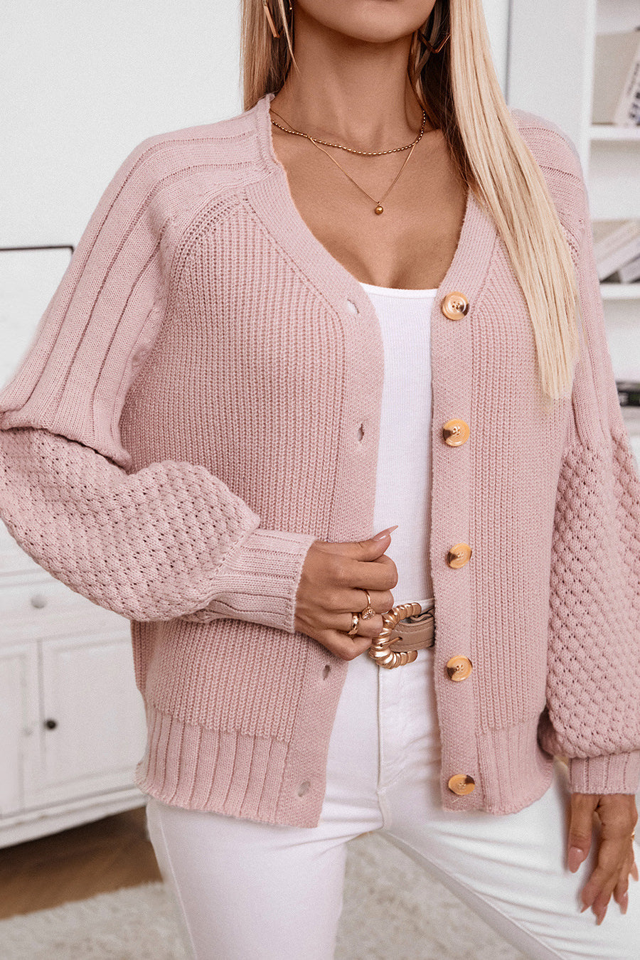 Solid  Knit Women's Open Front Cardigan Sweaters V-Neck Long Sleeve Button-Down Cardigan - Seldom Seen Styles