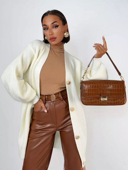 Solid Loose Women's Oversized Cardigan Sweaters Long Sleeve Button Down Open Front Knit Sweater 2025 Fall Fashion Outfits - Seldom Seen Styles