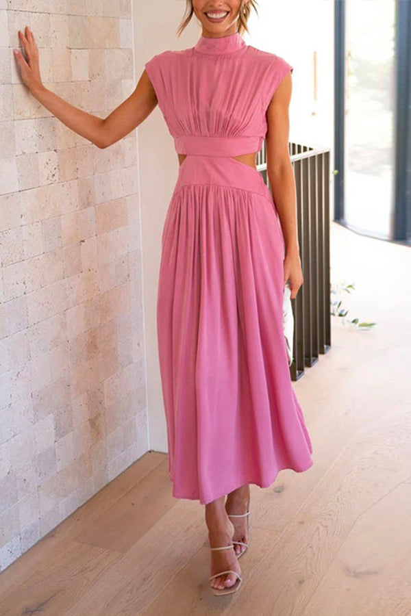 Solid Mockneck Cut Out Maxi A-line Swing Dress - Seldom Seen Styles