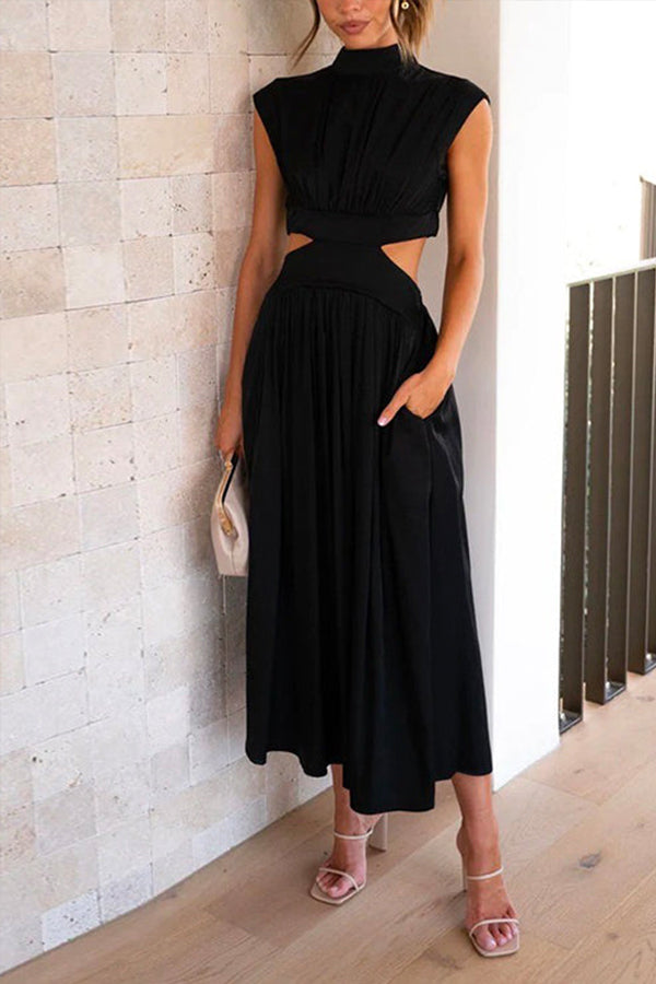 Solid Mockneck Cut Out Maxi A-line Swing Dress - Seldom Seen Styles