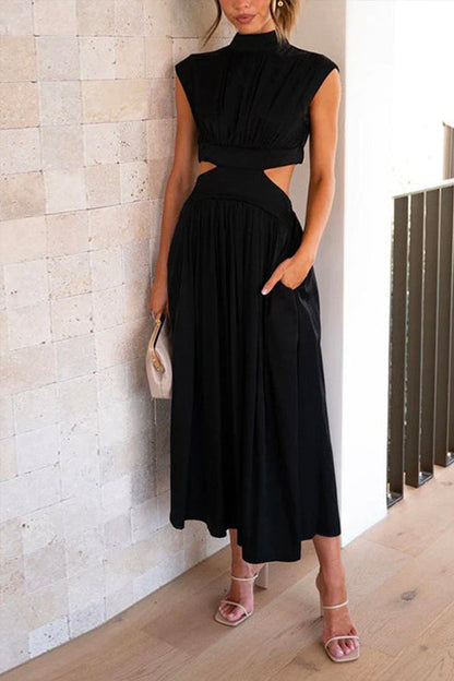 Solid Mockneck Cut Out Maxi A-line Swing Dress - Seldom Seen Styles