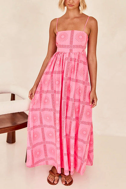 Spaghetti Strap Cut Out Waist Printed Maxi Swing Dress - Seldom Seen Styles