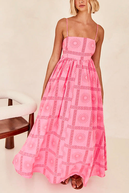Spaghetti Strap Cut Out Waist Printed Maxi Swing Dress - Seldom Seen Styles