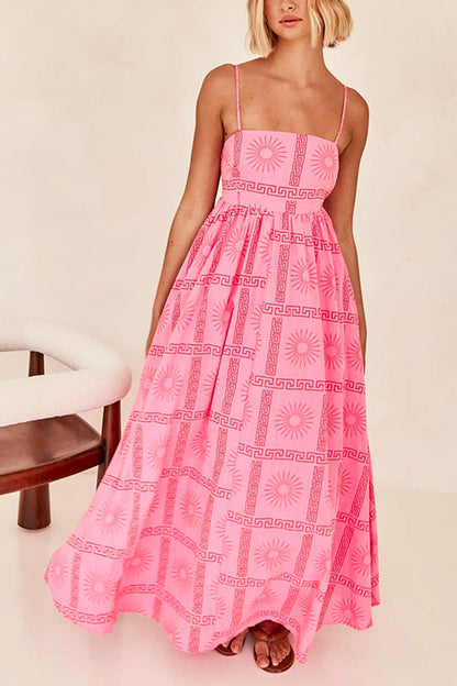 Spaghetti Strap Cut Out Waist Printed Maxi Swing Dress - Seldom Seen Styles