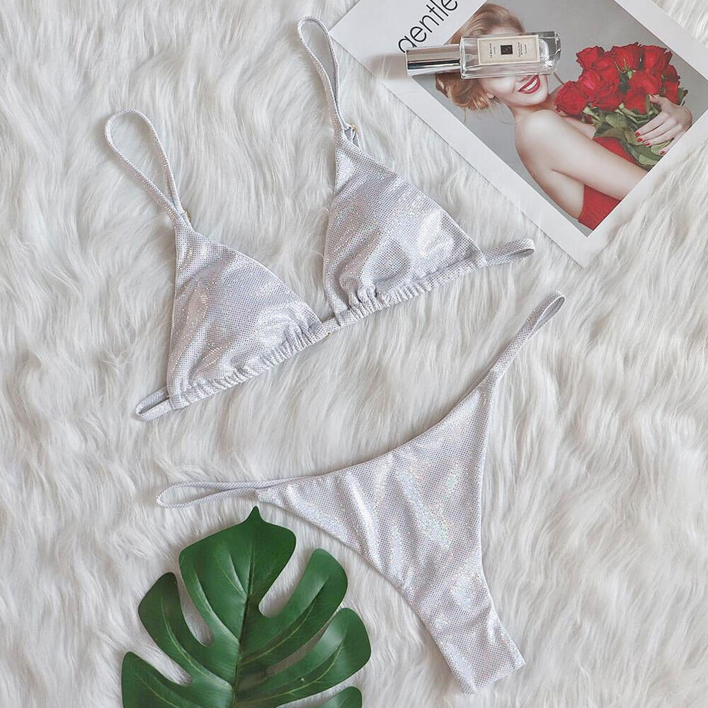 Sparkly Rhinestone Thong Slide Triangle Brazilian Two Piece Bikini Swimsuit - Seldom Seen Styles