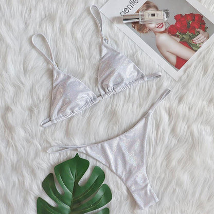 Sparkly Rhinestone Thong Slide Triangle Brazilian Two Piece Bikini Swimsuit - Seldom Seen Styles