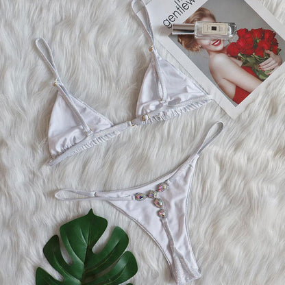 Sparkly Rhinestone Thong Slide Triangle Brazilian Two Piece Bikini Swimsuit - Seldom Seen Styles