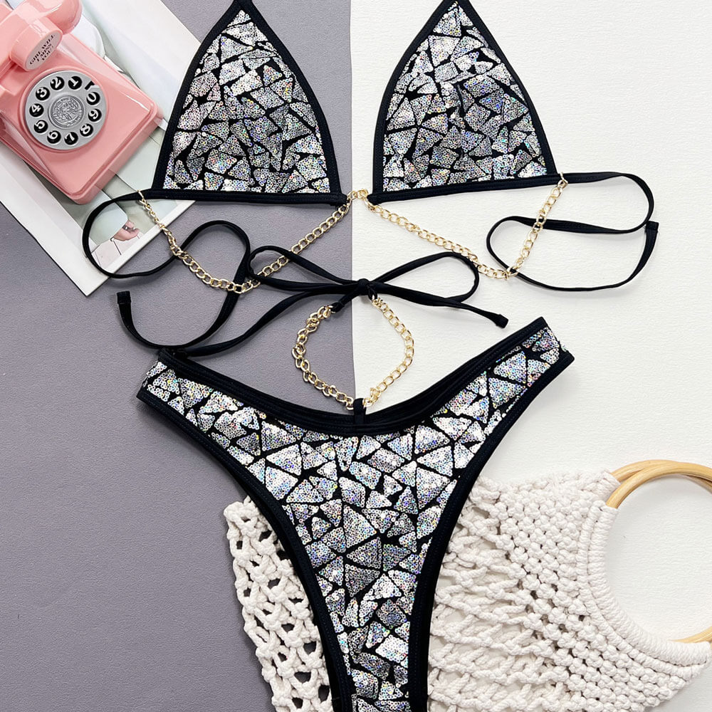 Sparkly Sequin Chain Link Cheeky Triangle Brazilian Two Piece Bikini Swimsuit - Seldom Seen Styles