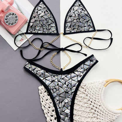 Sparkly Sequin Chain Link Cheeky Triangle Brazilian Two Piece Bikini Swimsuit - Seldom Seen Styles