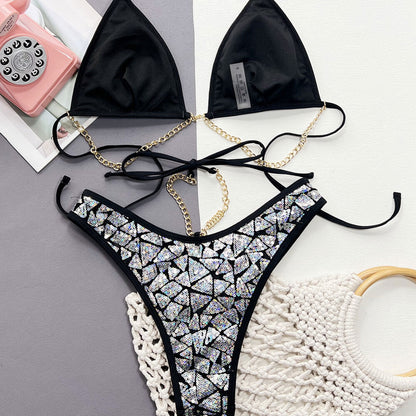 Sparkly Sequin Chain Link Cheeky Triangle Brazilian Two Piece Bikini Swimsuit - Seldom Seen Styles
