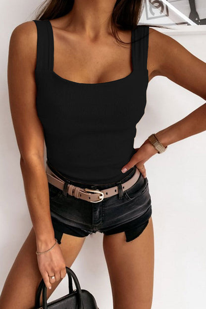 Square Neck Backless Knit Basic Tank Top - Seldom Seen Styles