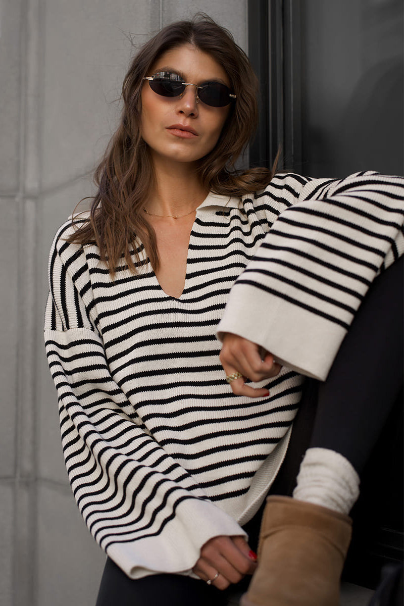Striped Polo Neck Loose Fit Knit Sweater Womens Striped Long Sleeve Tops V Neck Loose Fit Tunic Tops Spring Casual Blouses - Seldom Seen Styles