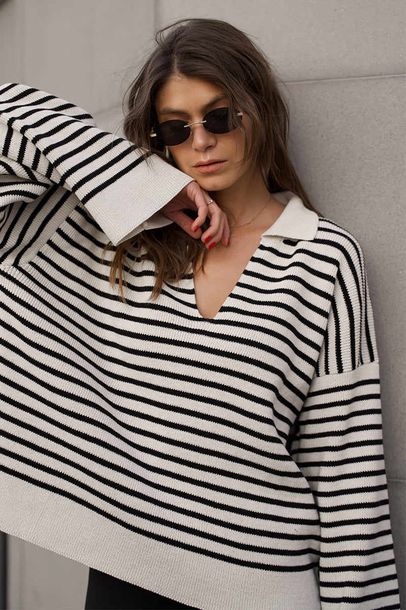 Striped Polo Neck Loose Fit Knit Sweater Womens Striped Long Sleeve Tops V Neck Loose Fit Tunic Tops Spring Casual Blouses - Seldom Seen Styles