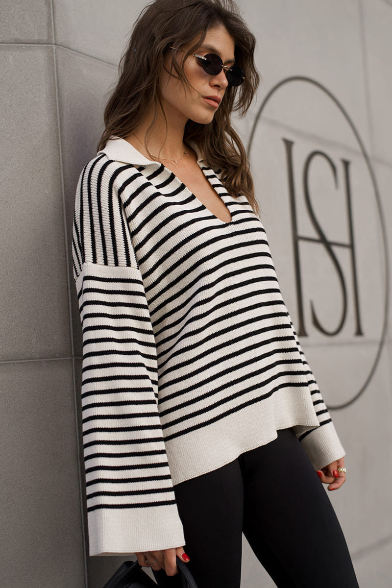 Striped Polo Neck Loose Fit Knit Sweater Womens Striped Long Sleeve Tops V Neck Loose Fit Tunic Tops Spring Casual Blouses - Seldom Seen Styles