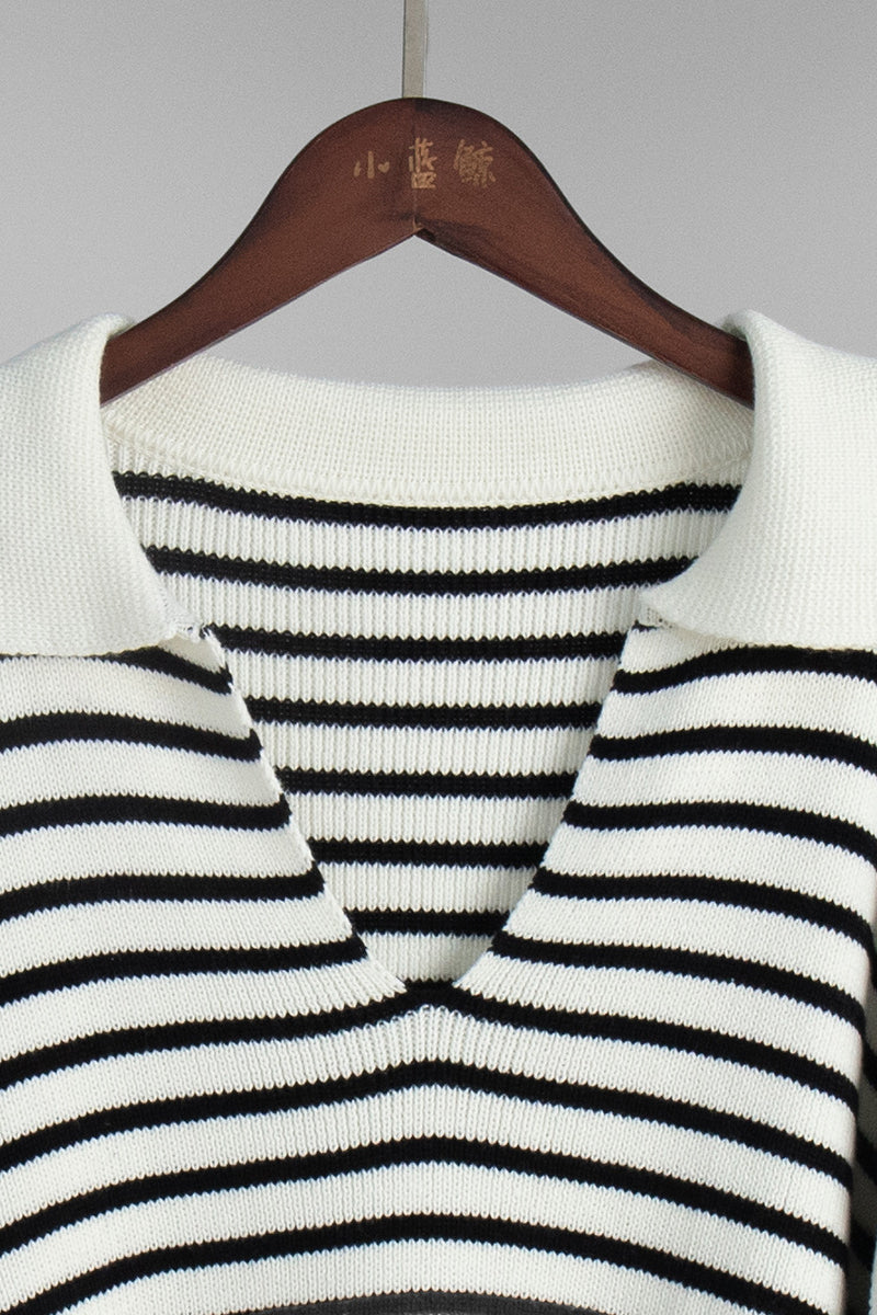 Striped Polo Neck Loose Fit Knit Sweater Womens Striped Long Sleeve Tops V Neck Loose Fit Tunic Tops Spring Casual Blouses - Seldom Seen Styles
