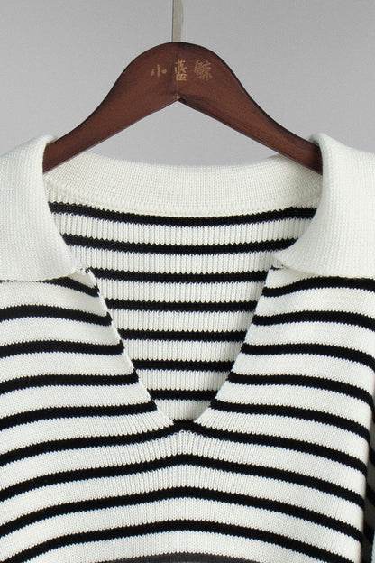 Striped Polo Neck Loose Fit Knit Sweater Womens Striped Long Sleeve Tops V Neck Loose Fit Tunic Tops Spring Casual Blouses - Seldom Seen Styles