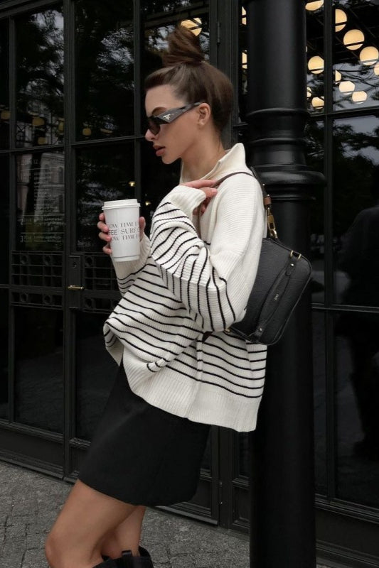 Striped Zip-Front Polo Women's Quarter Zip Striped Oversized Sweater 2025 Mock Turtleneck Fall Fashion Outfit - Seldom Seen Styles