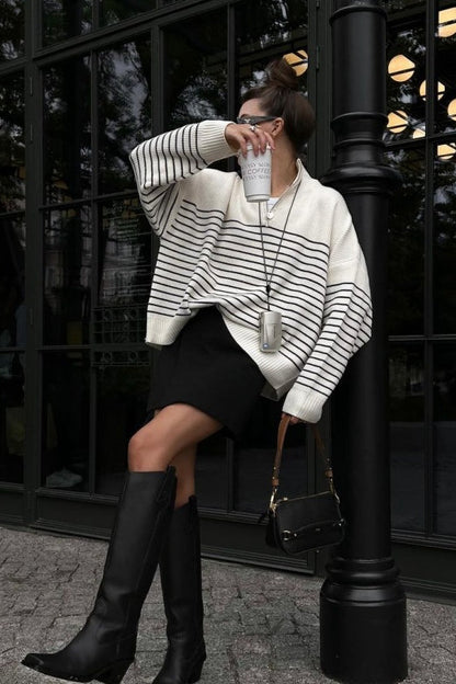 Striped Zip-Front Polo Women's Quarter Zip Striped Oversized Sweater 2025 Mock Turtleneck Fall Fashion Outfit - Seldom Seen Styles