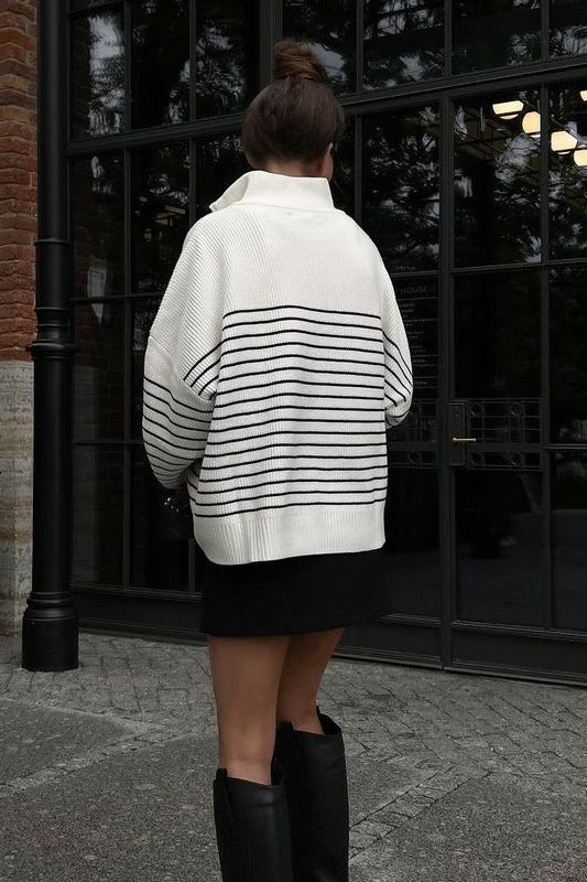 Striped Zip-Front Polo Women's Quarter Zip Striped Oversized Sweater 2025 Mock Turtleneck Fall Fashion Outfit - Seldom Seen Styles