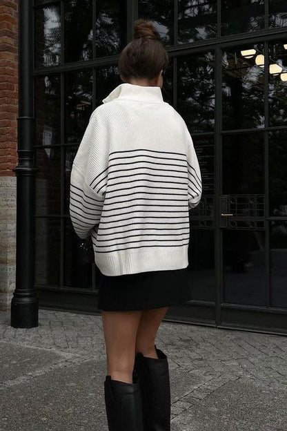 Striped Zip-Front Polo Women's Quarter Zip Striped Oversized Sweater 2025 Mock Turtleneck Fall Fashion Outfit - Seldom Seen Styles