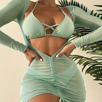 Stylish Cover Up Crossed Trim Slide Triangle Brazilian Three Piece Bikini Swimsuit - Seldom Seen Styles