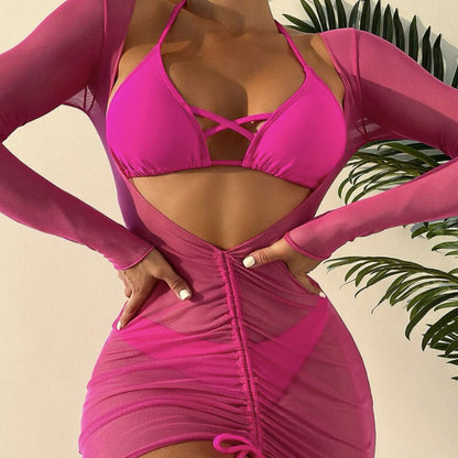 Stylish Cover Up Crossed Trim Slide Triangle Brazilian Three Piece Bikini Swimsuit - Seldom Seen Styles