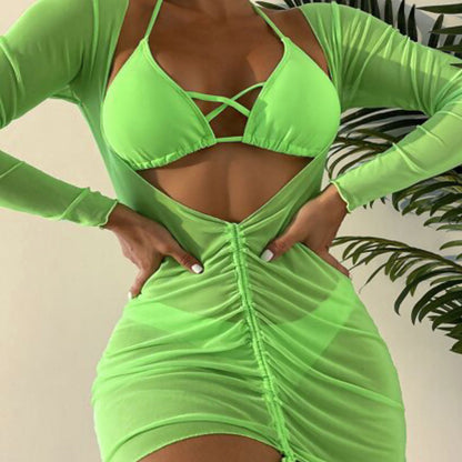 Stylish Cover Up Crossed Trim Slide Triangle Brazilian Three Piece Bikini Swimsuit - Seldom Seen Styles