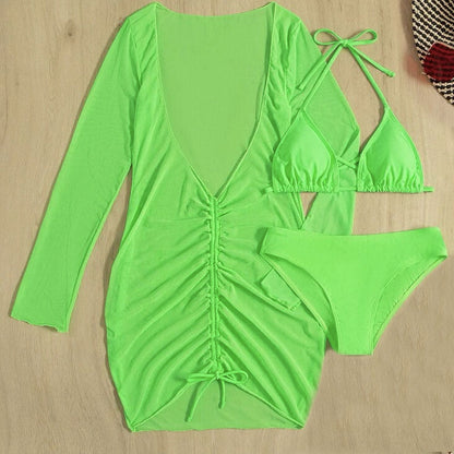 Stylish Cover Up Crossed Trim Slide Triangle Brazilian Three Piece Bikini Swimsuit - Seldom Seen Styles