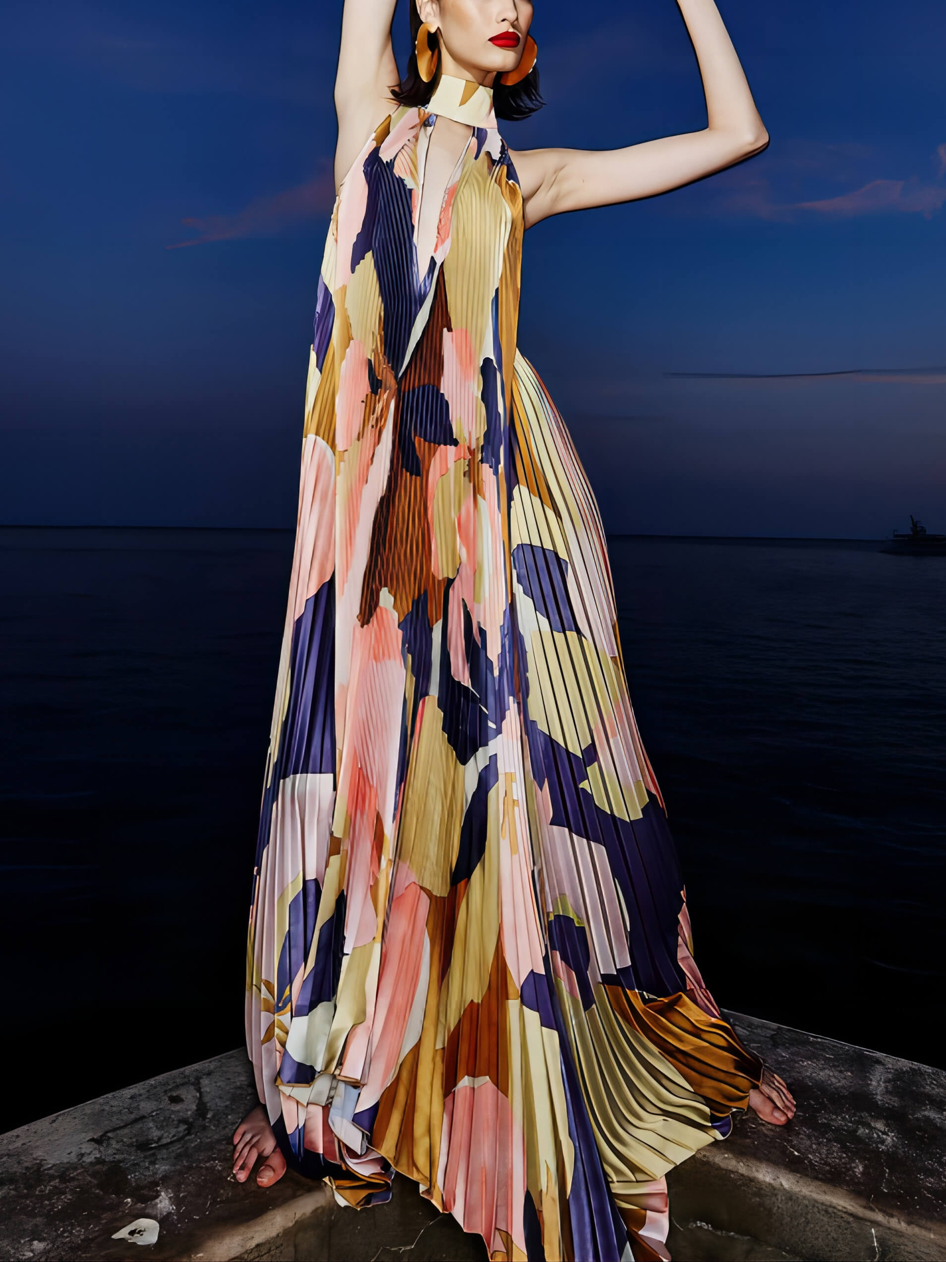 Stylish Pleated Halterneck Strappy Backless Midi Dress - Seldom Seen Styles