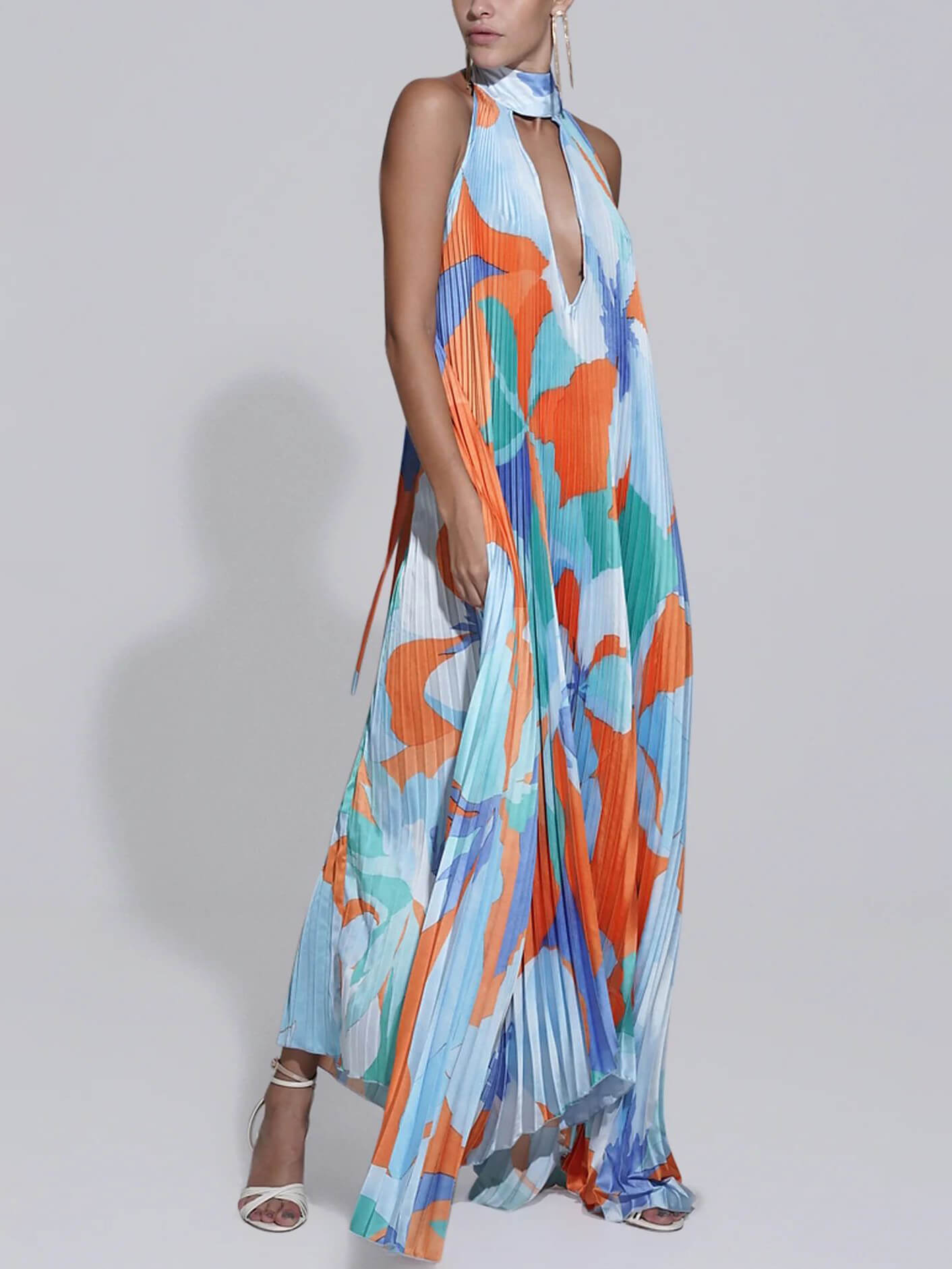 Stylish Pleated Halterneck Strappy Backless Midi Dress - Seldom Seen Styles