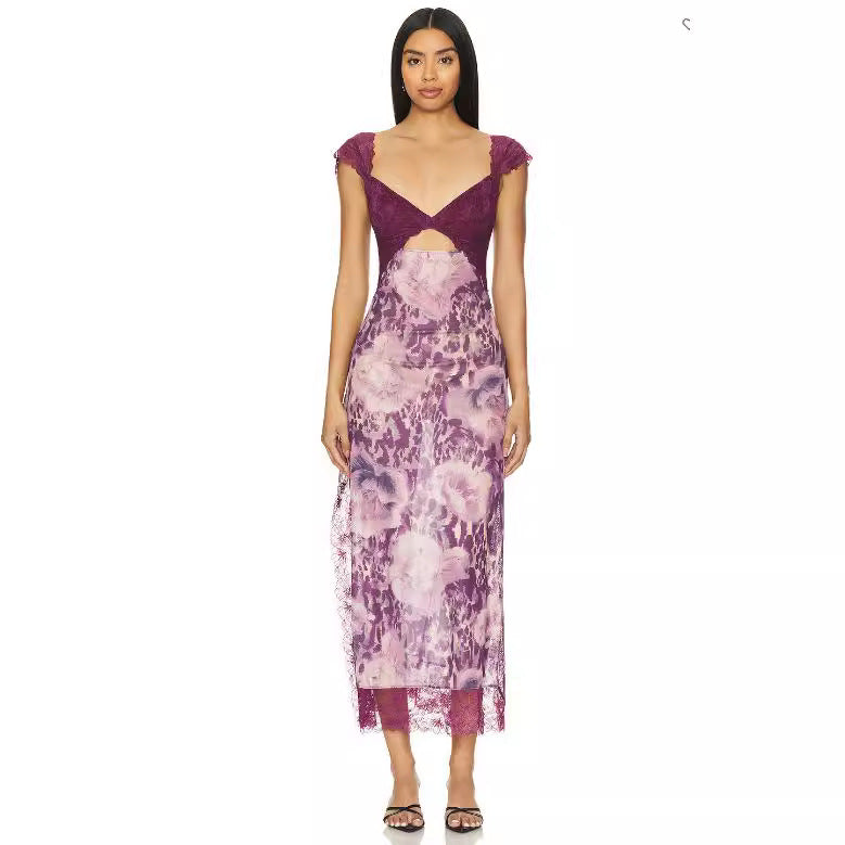 Suddenly Fine Maxi Slip Lace Backless Strap Splicing Slit Floral Long Dress Women's Fashion - Seldom Seen Styles