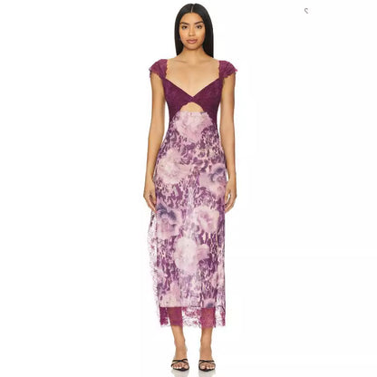 Suddenly Fine Maxi Slip Lace Backless Strap Splicing Slit Floral Long Dress Women's Fashion - Seldom Seen Styles