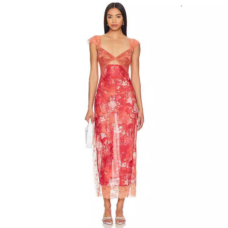 Suddenly Fine Maxi Slip Lace Backless Strap Splicing Slit Floral Long Dress Women's Fashion - Seldom Seen Styles