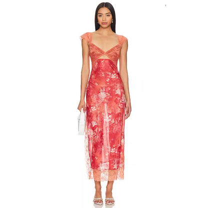 Suddenly Fine Maxi Slip Lace Backless Strap Splicing Slit Floral Long Dress Women's Fashion - Seldom Seen Styles