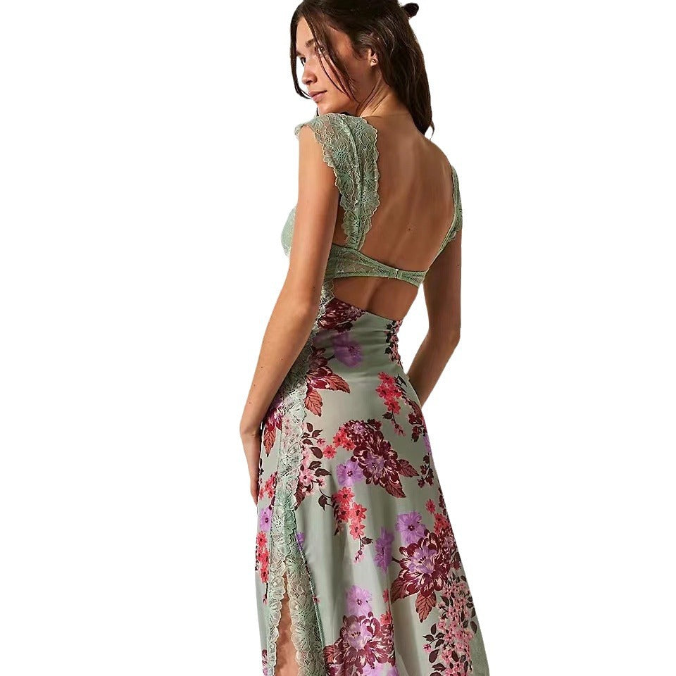Suddenly Fine Maxi Slip Lace Backless Strap Splicing Slit Floral Long Dress Women's Fashion - Seldom Seen Styles