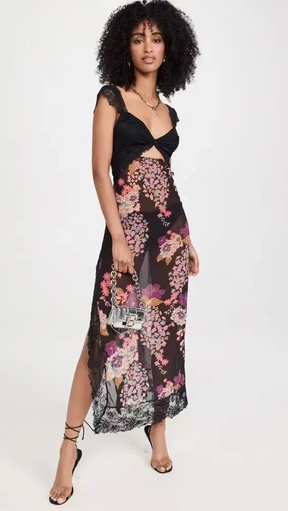 Suddenly Fine Maxi Slip Lace Backless Strap Splicing Slit Floral Long Dress Women's Fashion - Seldom Seen Styles