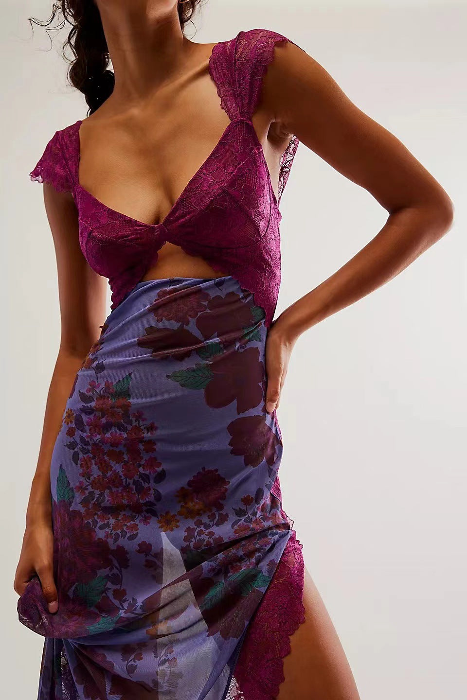 Suddenly Fine Maxi Slip Lace Backless Strap Splicing Slit Floral Long Dress Women's Fashion - Seldom Seen Styles