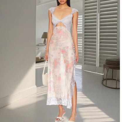 Suddenly Fine Maxi Slip Lace Backless Strap Splicing Slit Floral Long Dress Women's Fashion - Seldom Seen Styles